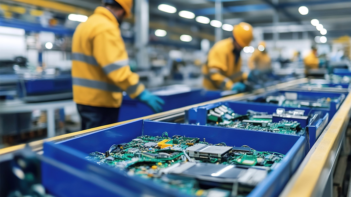 Workers in yellow uniforms sorting and processing electronic waste circuit boards on conveyor