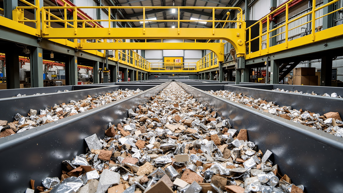 Industrial facility with conveyor carrying mixed waste materials for sorting and recycling