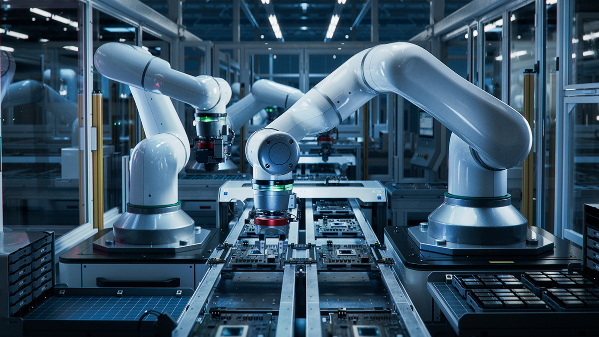 Close-up of advanced industrial machinery with robotic automation in a factory setting